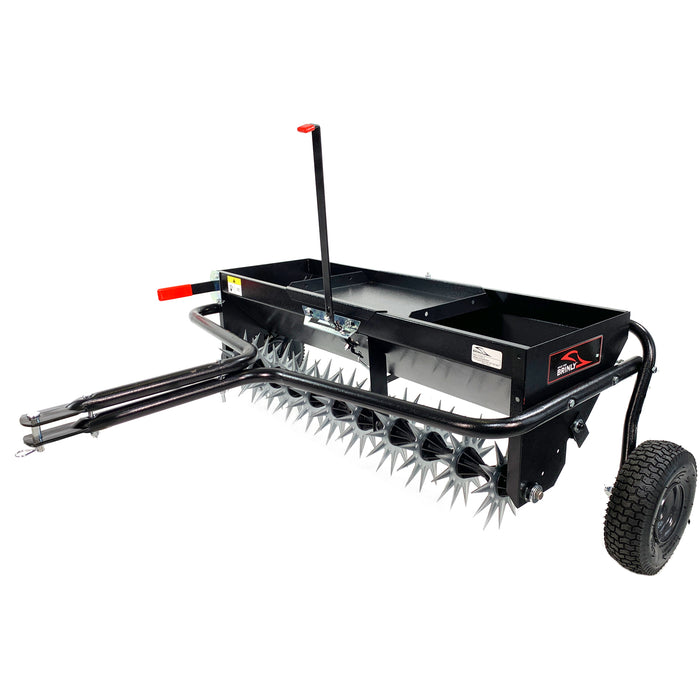 The Brinly Parts 40 Combination Aerator Spreader AS2-40BH-P features spiked rollers, an all-steel weight tray, dual wheels, red-handled lever, and a hitch for towing with tractors or mowers, ensuring optimal soil penetration with its sturdy metal framework.