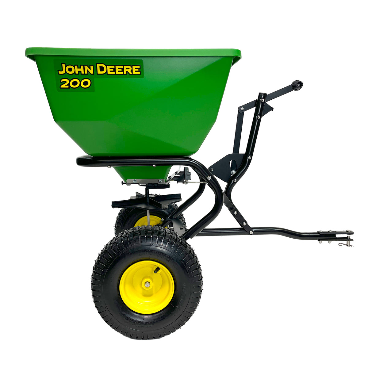 The John Deere 200 lb Tow-Behind Broadcast Spreader (LP79932) is durable with two black wheels, yellow hubs, and a hitch system for towing with John Deere Tow Spreaders. The product is empty and displayed on a white background.