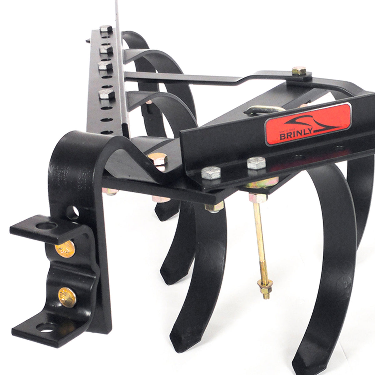 Close-up of Brinly Parts Sleeve Hitch Cultivator CC-560 with black metal, curved tines, and mounting brackets for aerated garden soil. Bolts and a red label showcase the brand name, emphasizing its high quality as a tow-behind cultivator.