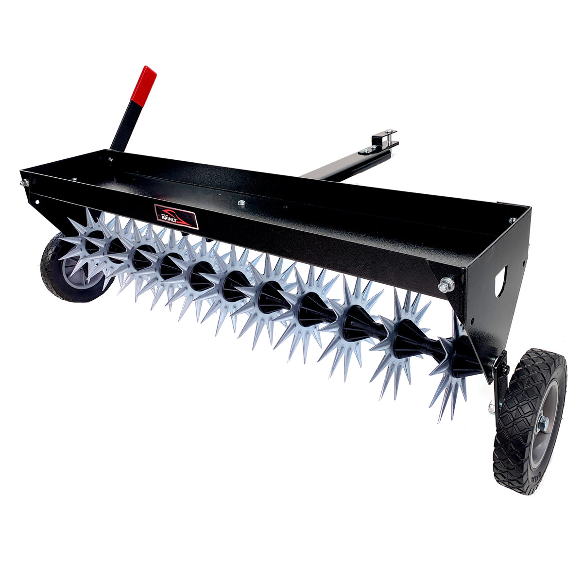 Brinly Parts 40 Tow-Behind Spike Aerator, model SAT2-40BH-G, features a rectangular metal frame with silver spikes, black design, two sturdy wheels, and a red handle. It attaches to a towing vehicle for efficient lawn aeration with its wide channel tow bar.