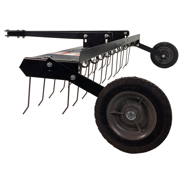 The Brinly Parts 48” Tow-Behind Dethatcher | DT-480BH is a black landscape rake with metal tines and two wheels, ideal for lawn care. It attaches easily to a tractor with its adjustable arm and has evenly spaced tines for effective debris collection.