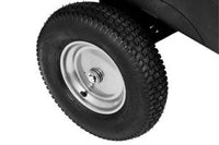 Close-up of a black rubber tire with textured tread on a metal rim, mounted on the Brinly Parts 10 Cu. Ft. Poly Cart (PCT-101BH) against a white background.