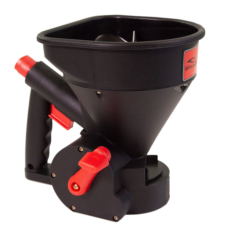 The Brinly Parts HHS3-5BH is a black handheld spreader with red accents, featuring a funnel-shaped container, handle, and crank. Ideal for evenly distributing seeds, fertilizer, or ice melt over lawns or driveways; it has a 5lb capacity.