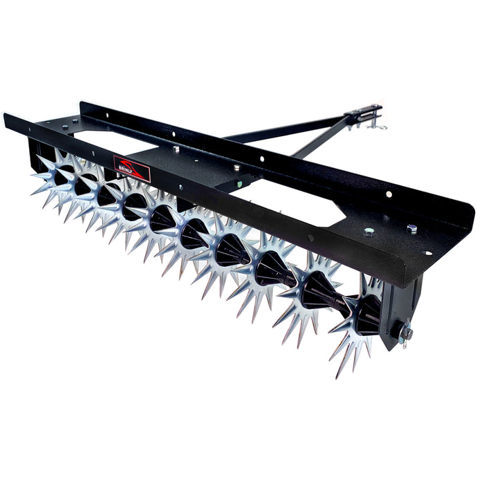 The Brinly Parts 40" Tow-Behind Spike Aerator with Extra-Strength Double Tow Bar (SA2-40BH-P2) features multiple rows of spiked wheels and a black frame, designed for efficient lawn care when pulled behind a vehicle.