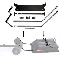 The Roger 180-Degree Full Dump Kit from Brinly Parts includes metal bars and brackets tailored for Brinly-Hardy 10 cu. ft. Poly Carts, plus assembly instructions for converting your two-wheeled trailer into a 180° dump setup.