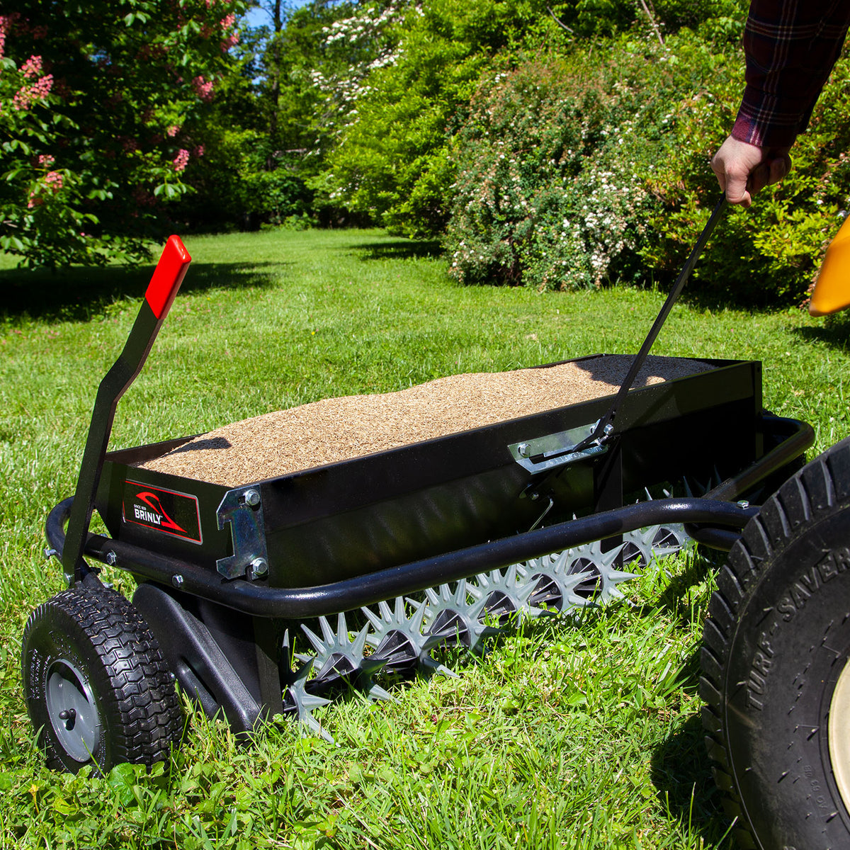 aerator for planting grass seed Brinly-Hardy AS2-40BH-G 40 in. Tow-Behind Combination Aerator Spreader with 3-D Steel Tines and Pneumatic Tires