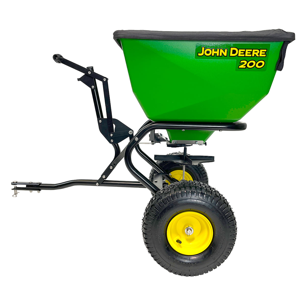 Side view of a John Deere 200 lb Tow-Behind Broadcast Spreader with ACCUWAY (LP79932) displaying PRO-level durability, featuring large yellow wheels, a black metal frame, and an attachment handle. It has a green container with a black lid, exemplifying the robust design of John Deere Tow Spreaders.