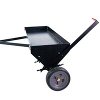 The Brinly Parts 48″ Tow-Behind Plug Aerator (PA-482BH) is a durable, black metal utility garden cart with two large rubber wheels and a long handle. It efficiently transports tools and aerators with steel tines to enhance the root zone, ideal for heavy loads on a white background.