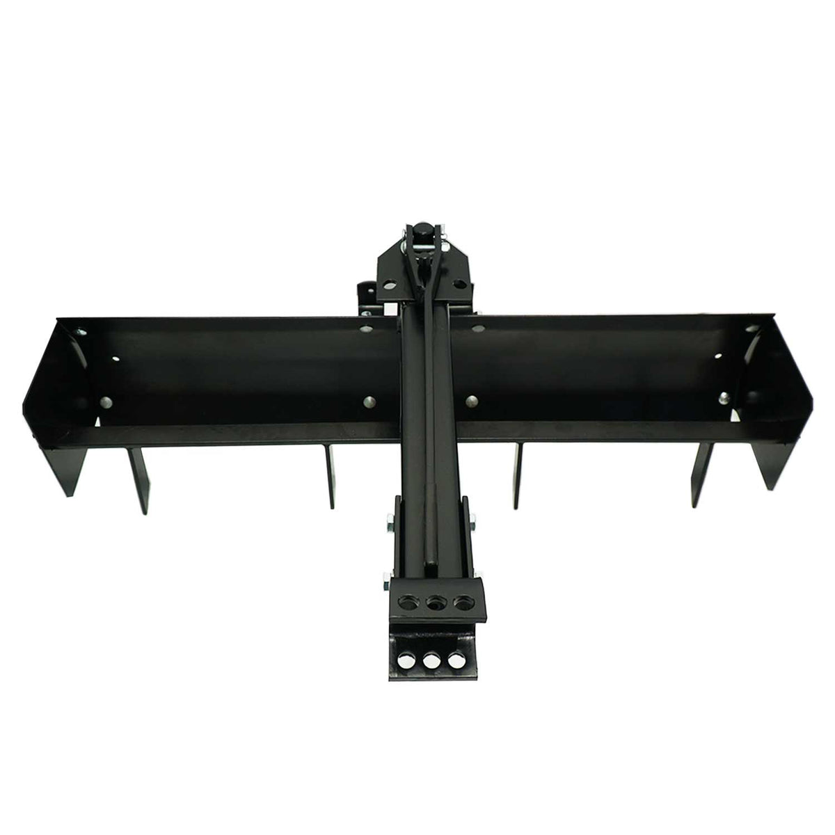 Front view of a Brinly Parts 42” Sleeve Hitch Box Scraper | BS-42BH in black metal, featuring a robust rectangular box and downward spikes. The carbon steel blade with top mounting brackets is ideal for efficient land leveling and grading.