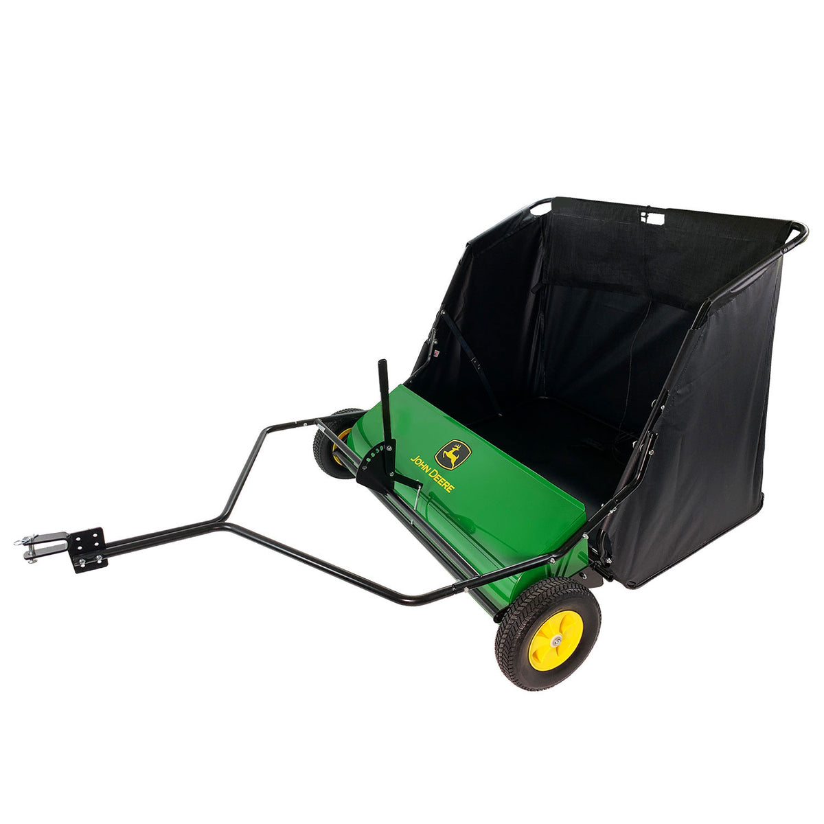 The John Deere 42 in. Tow-Behind Lawn Sweeper has yellow wheels, a black mesh bag, and a metal towing arm for easy connection to vehicles or mowers, efficiently collecting grass clippings or leaves.