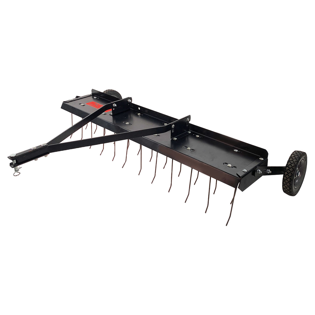 The Brinly Parts 48” Tow-Behind Dethatcher (DT-480BH) features a wide, black metal frame with curved tines and dual wheels, optimizing lawn care. Its rectangular design and sturdy hitch efficiently aerate soil.