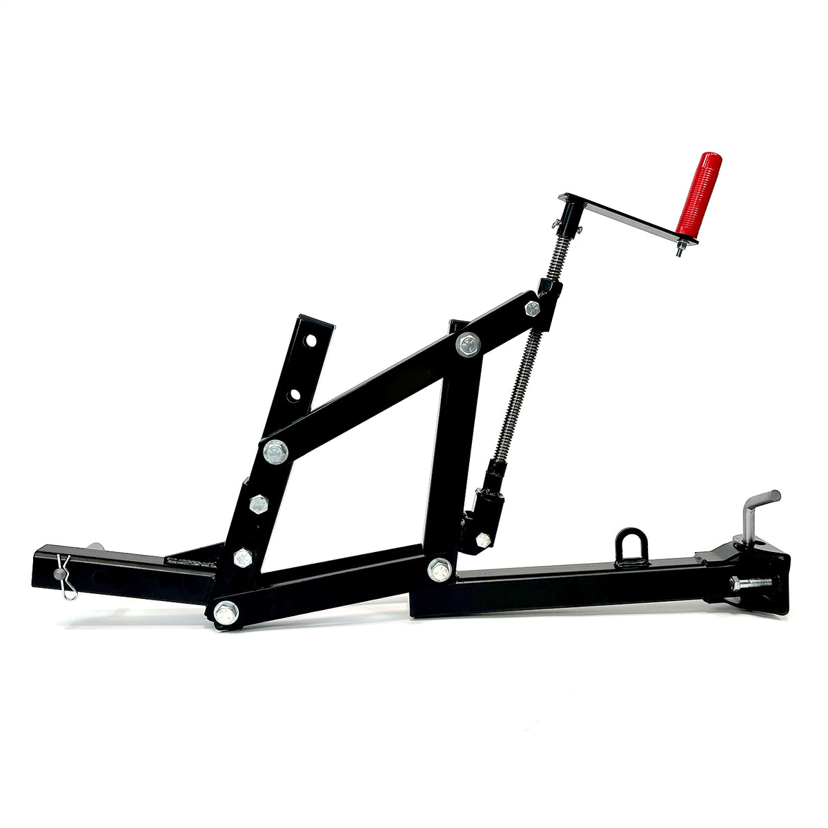 The Brinly Parts Universal ATV/UTV One-Point Lift is shown in side view, featuring a red handle, black metal frame, and multiple bolts. It includes a ratcheting lever and adjustable height mechanism for secure motorcycle maintenance.