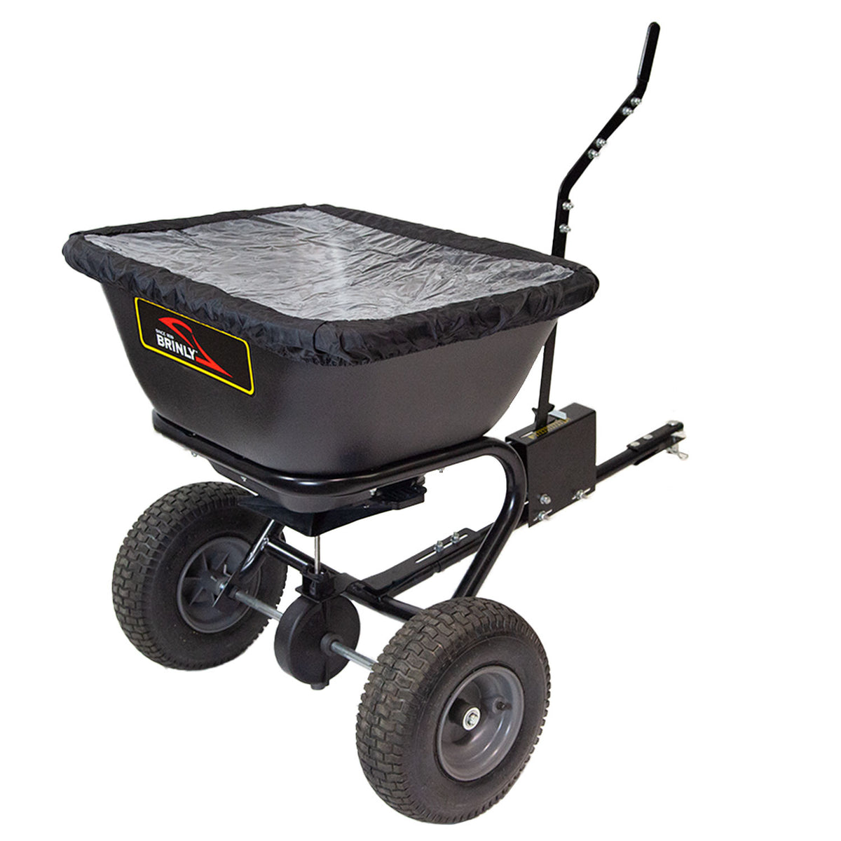 The Brinly Parts 125 LB. Tow-Behind Deluxe Spreader (BS261BH-A) features a rust-proof polyethylene hopper with cover, mounted on large wheels. Designed for efficient lawn fertilization, its extended handle and hitch enable seamless attachment for spreading seeds or fertilizers over expansive areas.