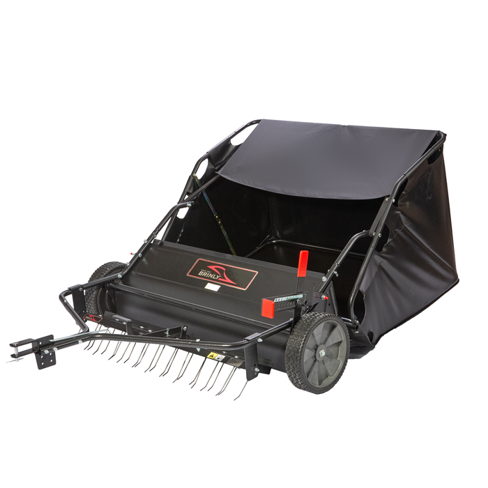 The Brinly Parts 42″ Combo Lawn Sweeper with Dethatcher (LSDT2-42BH-G) features a large collection bag, rotating brushes, two wheels, and a tow bar for easy vehicle attachment—ideal for keeping your yard clean and debris-free.
