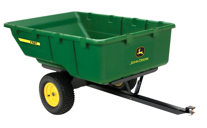 The John Deere 17 cu. ft. Poly ATV Cart (PCT-17ATJD/LPPCT17ATJD) features a green design with two black pneumatic tires, yellow rims and a hitch. It has high-speed, heavy-duty capabilities with a rectangular container for efficient material transport, sporting the yellow logo on the side.