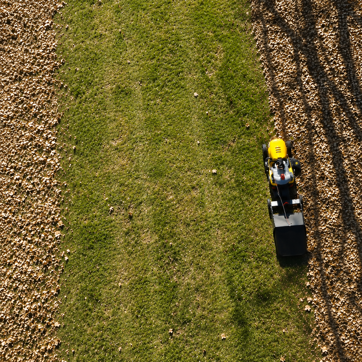 A yellow lawn mower is trimming grass, creating a distinct line between the lush green lawn and a brown, leaf-covered area as seen from above—the ideal scenario to showcase efficient leaf removal with the Brinly Parts 42″ Lawn Sweeper with DOUBLE-HELIX Brushes (LS2-42BH2-G), easily towed behind your mower.
