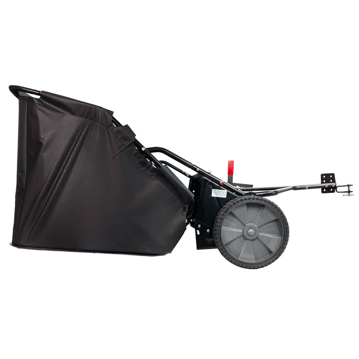 The Brinly Parts 42″ Lawn Sweeper (LS2-42BH-G) features a black hopper bag, two gray wheels, and an angled design for effective debris collection. It has a metal hitch for towing and a spacious bag for efficiently cleaning large lawns.