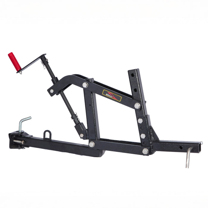The Brinly Parts Universal ATV/UTV One-Point Lift (OPL2-BH) features adjustable arms, bolts, and a red-handled lever. Its One Point Lift design secures Brinly Ground Engaging Products to your vehicle for easy transport.