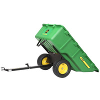 A John Deere 17 cu. ft. Poly Cart (LPPCT17JD/PCT-17JD) in green with yellow wheels is shown tilted back, displaying its black metal tow bar and large plastic container, ready to attach to a lawn tractor.