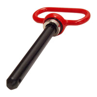 The Brinly Parts Magnetic Hitch Pin - 5/8 Inch features a long black metal shaft and red rounded handle, ideal for securing tow-behind lawn equipment or machinery attachments.