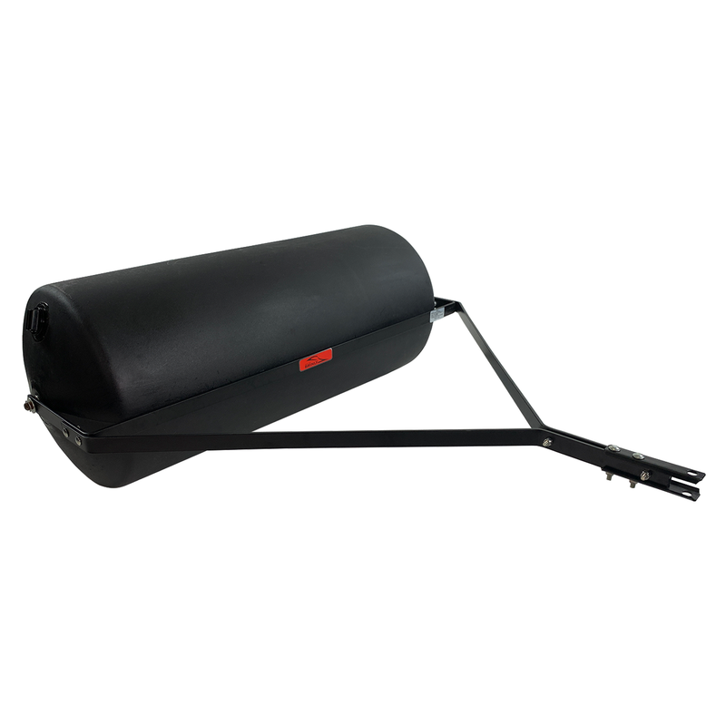 The Brinly Parts 42 Gallon Tow-Behind Poly Roller | PRT-362SBH features a black cylindrical drum and metal handle with a capacity of 390 lbs. Ideal for lawn tractors, its simple design is set against a white background.