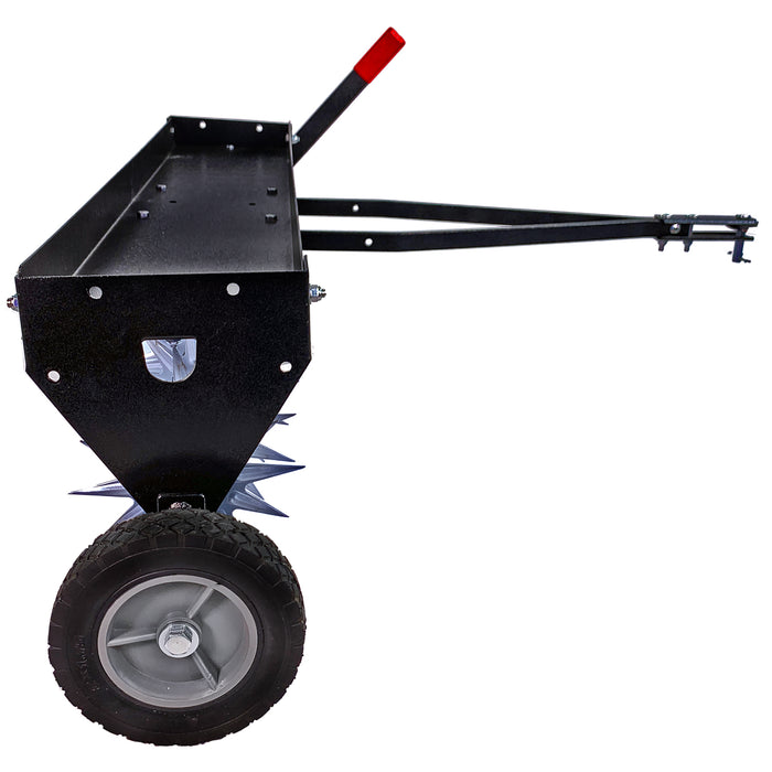 The Brinly Parts 40 Tow-Behind Spike Aerator (SAT2-40BH-P) features a black metal design with a rectangular hopper, spiked disks for efficient aeration, two large wheels, and a red-gripped handle for easy towing to enhance your lawns root health.