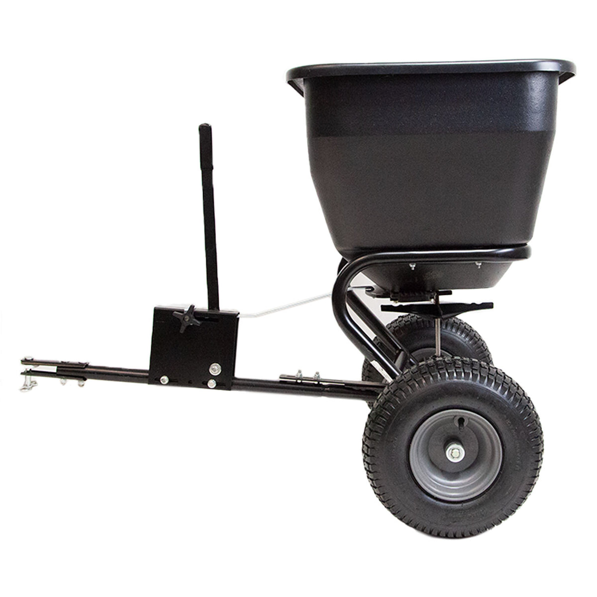 The Brinly Parts 175 Lb. Tow-Behind Spreader | BS36BH boasts a side view of a black design with large wheels and a rust-proof polyethylene hopper, mounted on a metal frame. It includes a sturdy handle and universal hitch for easy vehicle or tractor attachment.