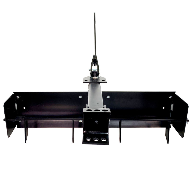 The Brinly Parts 38” Sleeve Hitch Box Scraper (BS-381BH) features an adjustable center handle, straight front blade, and multiple mounting holes for grading or spreading soil and gravel; also serves as a versatile rear leveling blade.