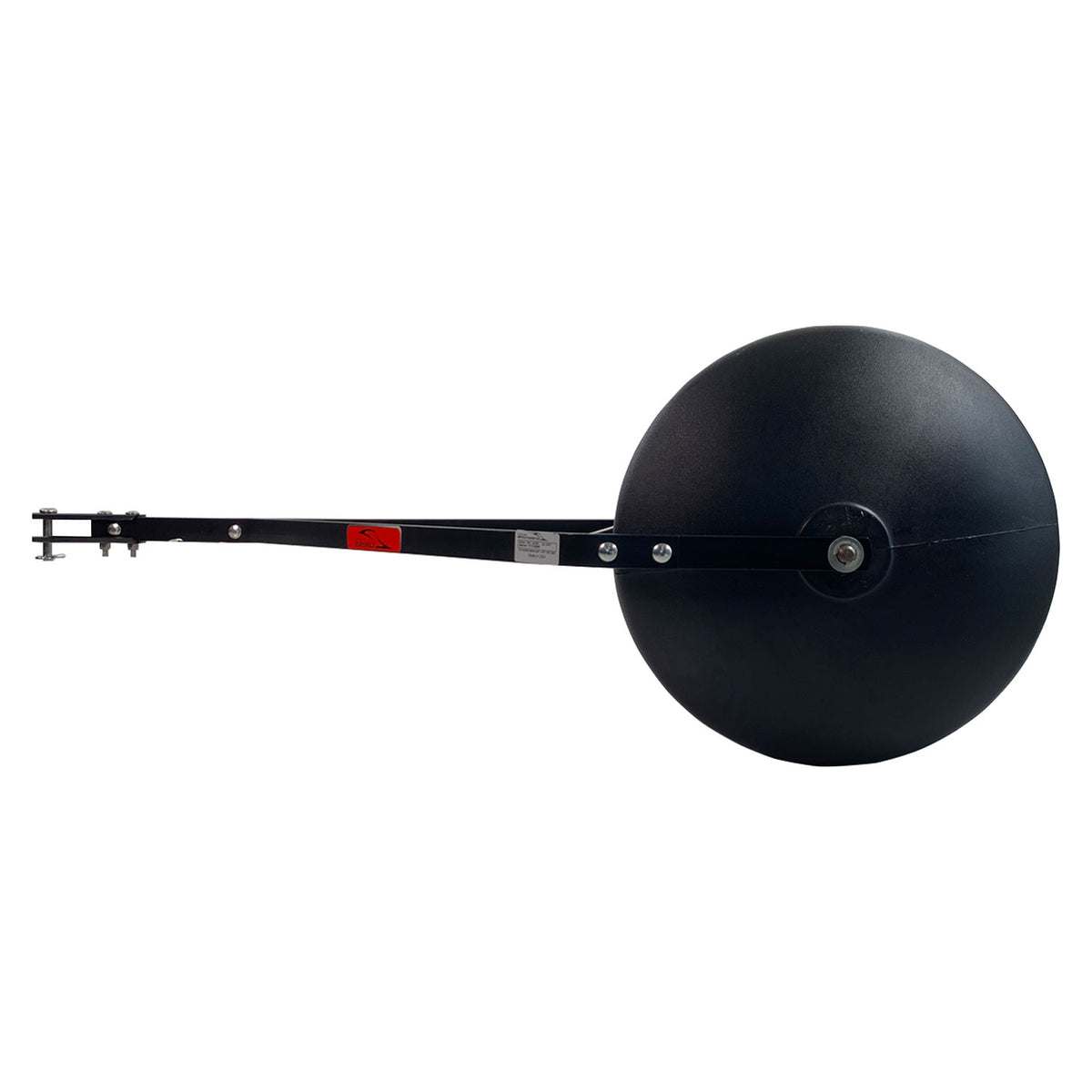 A Brinly Parts 28 Gallon Push or Tow Poly Lawn Roller (PRC-242BH) is mounted on a long horizontal metal arm with a bracket and bolts, featuring a red sticker, all set against a white background.