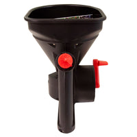 Brinly Parts HHS3-5BH looks like their 5lb Capacity Handheld Spreader and features a black conical hopper and vibrant red handle, ideal for grinding ingredients or grains with a compact design reminiscent of a spreader, offering convenience in any kitchen.