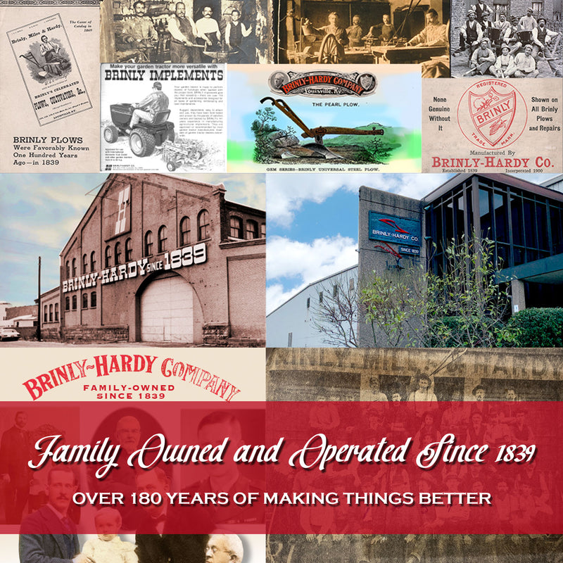 A collage featuring Brinly Parts vintage ads, logos, photos of the DT2-40BH-G 40 Tow-Behind Dethatcher, plows, and implements, along with the companys building and a banner stating Family Owned and Operated Since 1839 - Over 180 Years of Making Things Better, highlights their enduring legacy.