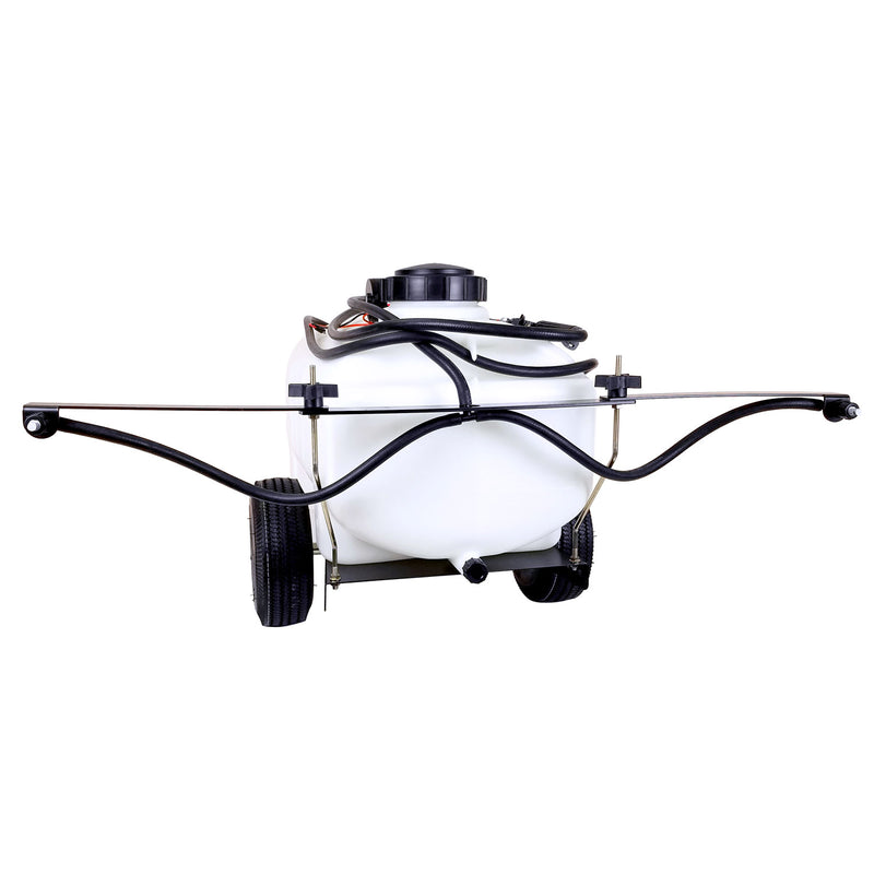 The Brinly Parts 25 Gallon Tow-Behind Sprayer | ST-251BH features a white tank with black wheeled spray booms and handle, central black cap, and front tubes. Perfect for agriculture or gardening, it enhances efficiency with Ultra Lo-Drift™ Spray Tips for precise liquid fertilizer application.