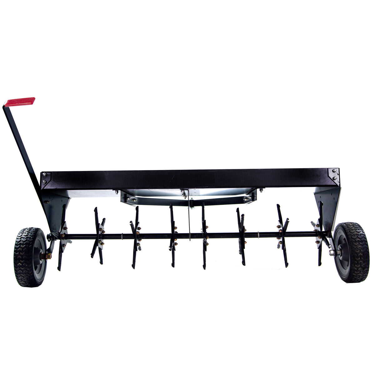 The Brinly Parts 48″ Tow-Behind Plug Aerator (PA-482BH) features two large black wheels, a rectangular metal frame, multiple steel tines, and a handle with a red grip—ideal for efficient lawn maintenance. Shown against a white background.