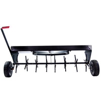 The Brinly Parts 48″ Tow-Behind Plug Aerator (PA-482BH) features two large black wheels, a rectangular metal frame, multiple steel tines, and a handle with a red grip—ideal for efficient lawn maintenance. Shown against a white background.
