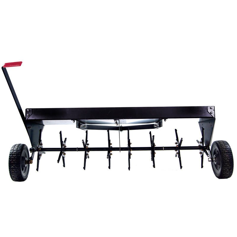 The Brinly Parts 48″ Tow-Behind Plug Aerator (PA-482BH) features two large black wheels, a rectangular metal frame, multiple steel tines, and a handle with a red grip—ideal for efficient lawn maintenance. Shown against a white background.