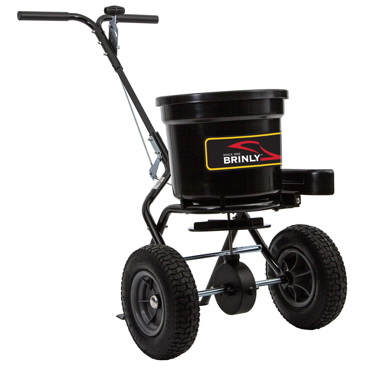 The Brinly Parts 50 LB. Push Spreader with Side Deflector & Hopper Cover (P20-500BHDF-A2) features large tires, a handlebar, and a hopper for spreading lawn or garden materials.