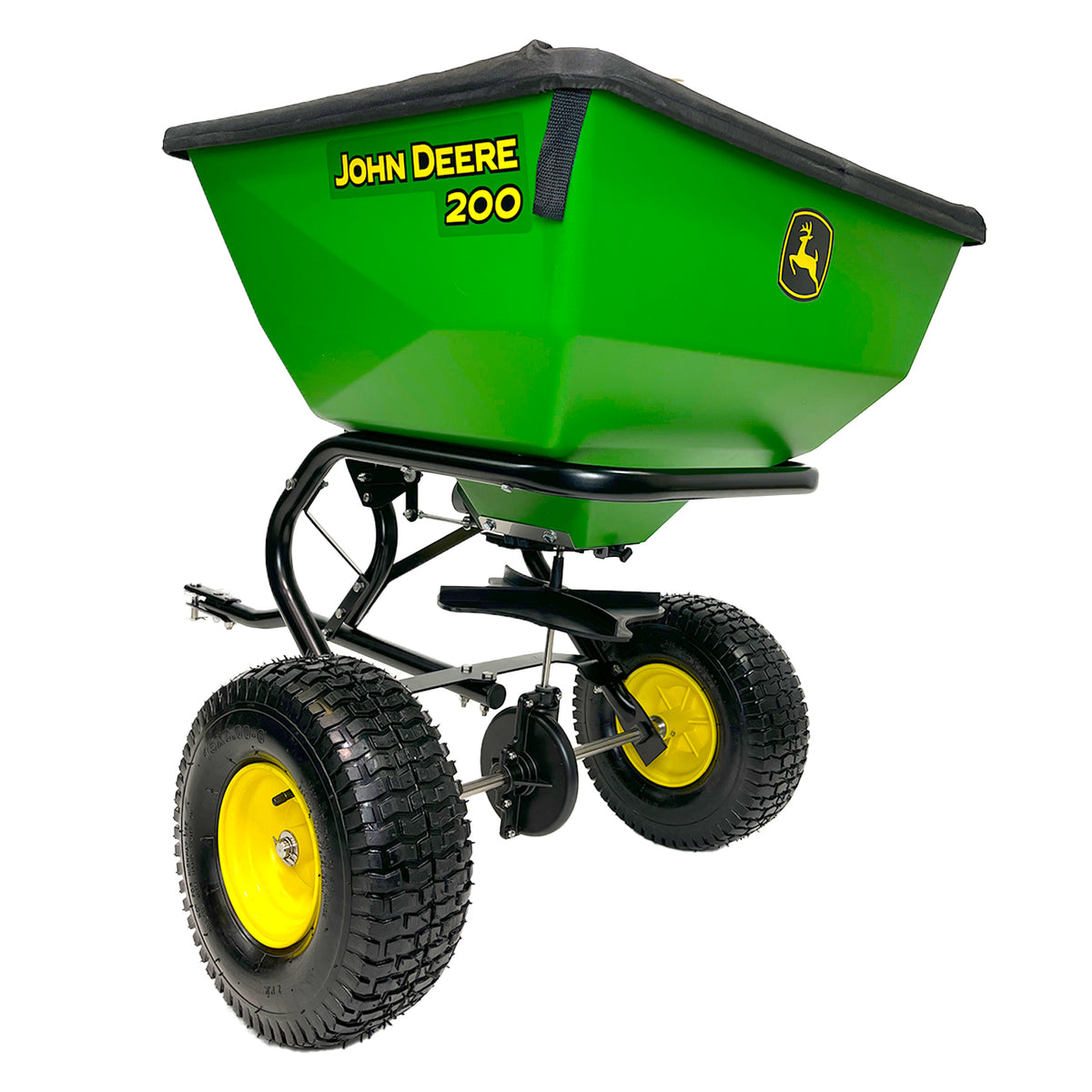 The John Deere 200 lb Tow-Behind Broadcast Spreader, LP79932, features two large black tires with yellow hubs, a black handle and frame on a white background. This durable tool is designed for precision with advanced ACCUWAY technology.