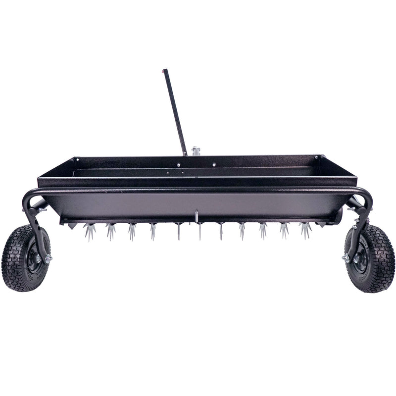 The Brinly Parts 40 Combination Aerator Spreader (AS2-40BH-G) features spiked wheels, a rectangular tray for seed or fertilizer, and two large pneumatic tires, shown from the front on a white background.