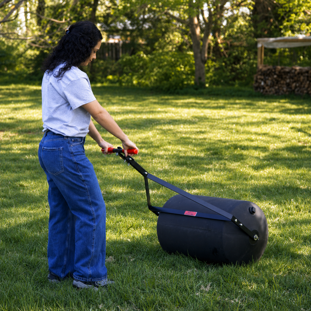A person wearing a gray shirt and blue jeans pushes the Brinly Parts 28 Gallon Push or Tow Poly Lawn Roller (PRC-243BH) across a grassy yard, with trees and a woodpile in the background.