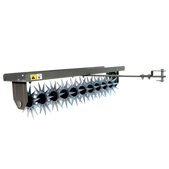 The Brinly Parts 40″ Tow-Behind Spike Aerator in Hammered Gunmetal (SA2-40BH-S) features sharp, star-shaped steel tines for efficient soil aeration. It includes a mounting bracket and handle for easy equipment attachment, ideal for gardening or landscaping projects.