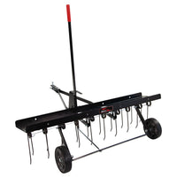 The Brinly Parts 40 Tow-Behind Dethatcher | DT2-40BH-G is a black dethatcher with two wheels, a hitch for lawn tractor attachment, multiple metal tines, and a handle featuring a red grip for comfort.