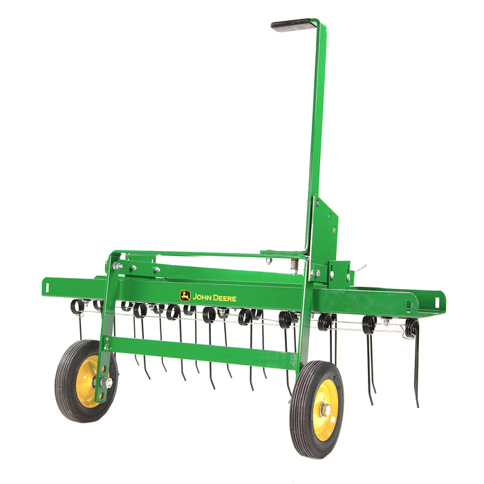 The John Deere 40 Tow-Behind Dethatcher (LPTA40JD/TA-400JD) efficiently removes lawn thatch with a row of black tines, featuring yellow wheels and a convenient handle, promoting soil aeration for healthier grass growth.