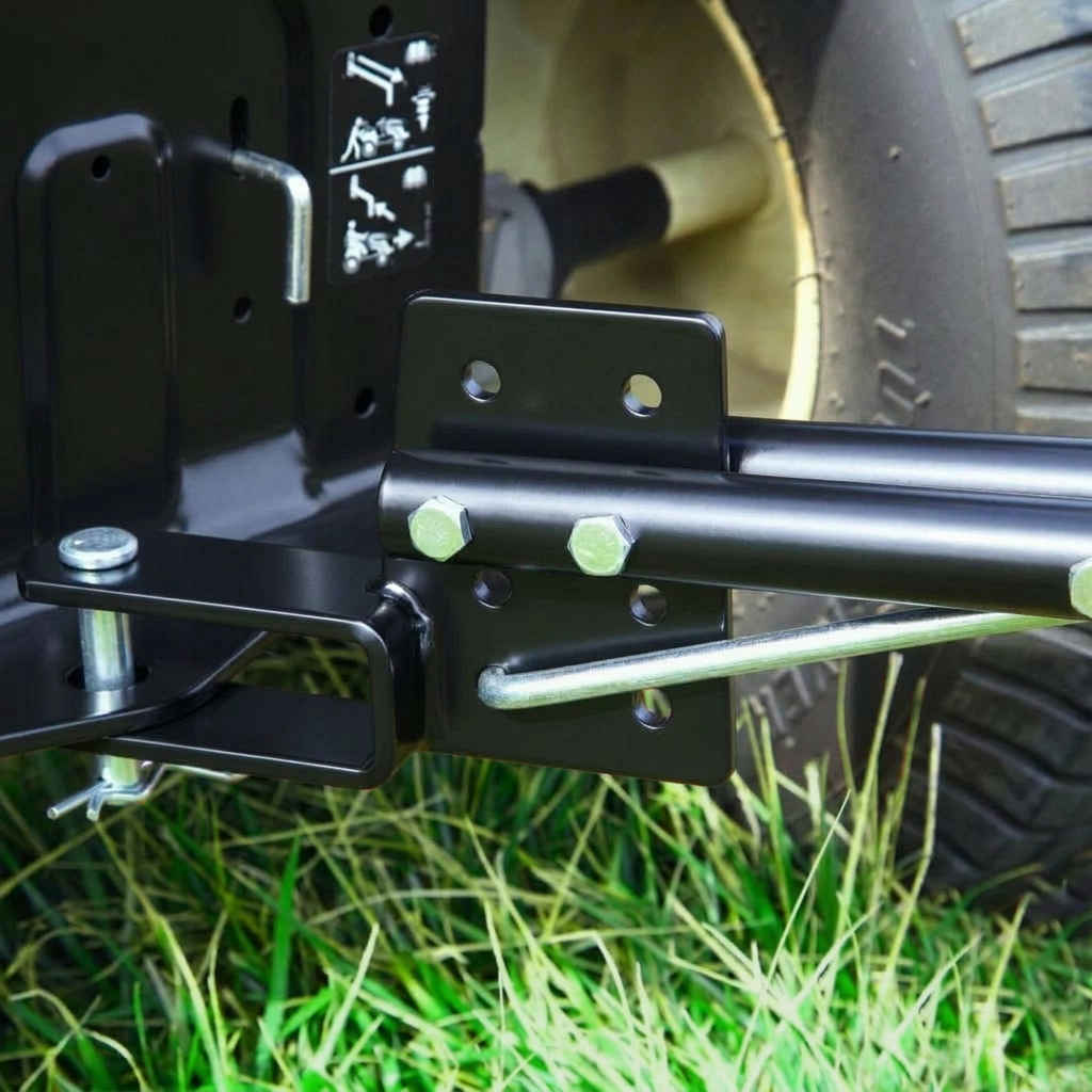 Close-up of a black metal hitch on the Brinly Parts 42″ Combo Lawn Sweeper with Dethatcher (LSDT2-42BH-G), attached to the frame near a large rubber wheel with bolts, over green grass.