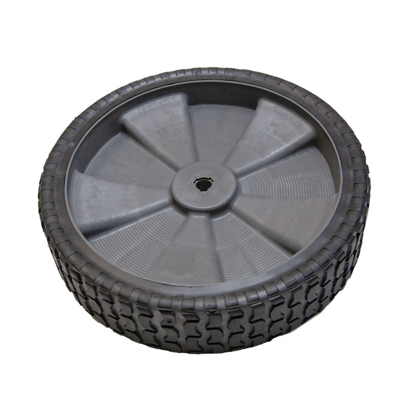 The Brinly Parts wheel (Product 1008987) with a sleek gray rubber, hard plastic rim, six spokes, and textured tread is upright against a white background.