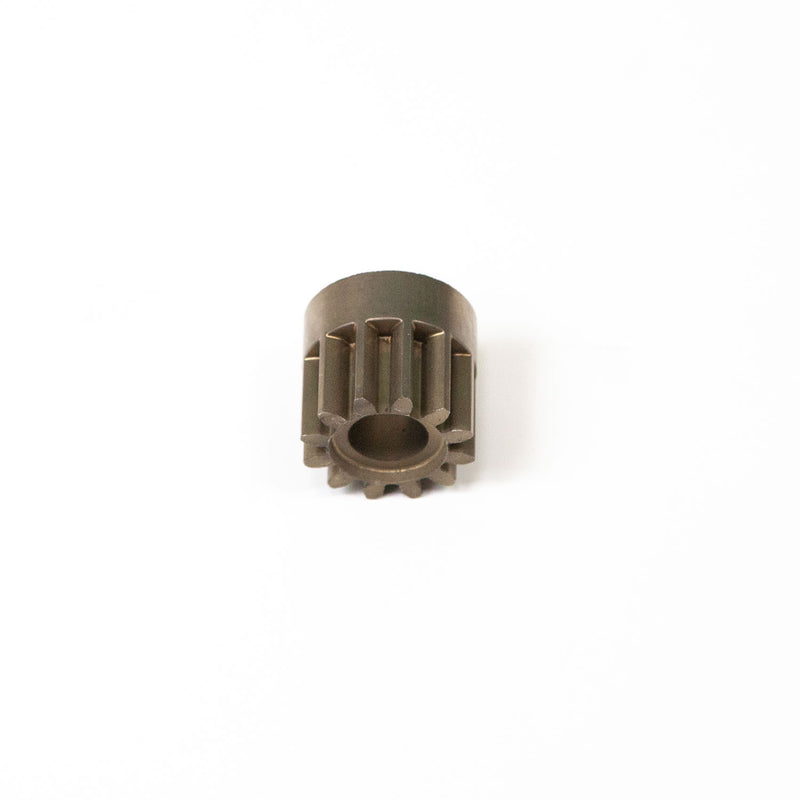 The product R-2485LH from Brinly Parts is a small, cylindrical metal gear with evenly spaced teeth and a central hole. It appears dark metal with a slightly shiny surface, set against a plain white background.