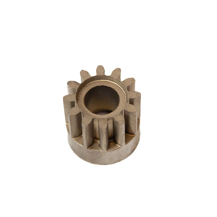 A single Brinly Parts R-2485RH metallic RH drive pinion with twelve teeth is viewed from a slightly elevated angle. The gear has a hollow center and is set against a plain white background.