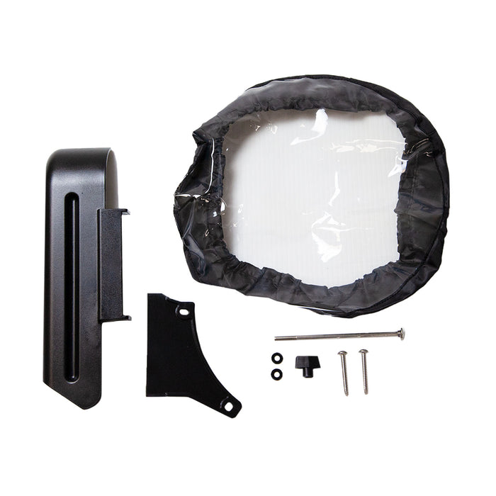 The image displays Brinly Parts 1007520 Side Deflector set for the P20-500BH, including a black plastic wall mount, clear protective cover with black edge, support bracket, two screws, and a rubber grommet, all on a white background. Note: This item is out of stock until 7/11.