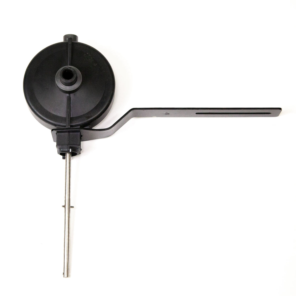 The F-1015 from Brinly Parts is a black plastic circular device with a long, curved metal rod and a flat arm, resembling auto parts or mechanical assemblies. Its straightforward design suggests utility in transmission systems.