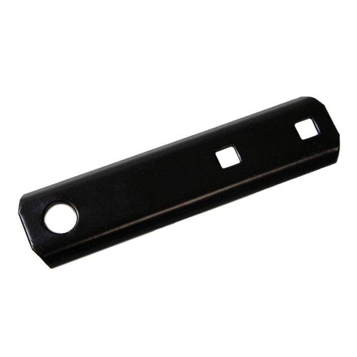 The Brinly Parts R-892-10 is a black rectangular metal bracket with a painted clevis design, featuring a rounded edge, three holes (one circular on the left, two smaller square in the center), and a smooth, slightly reflective hardware-finish surface.