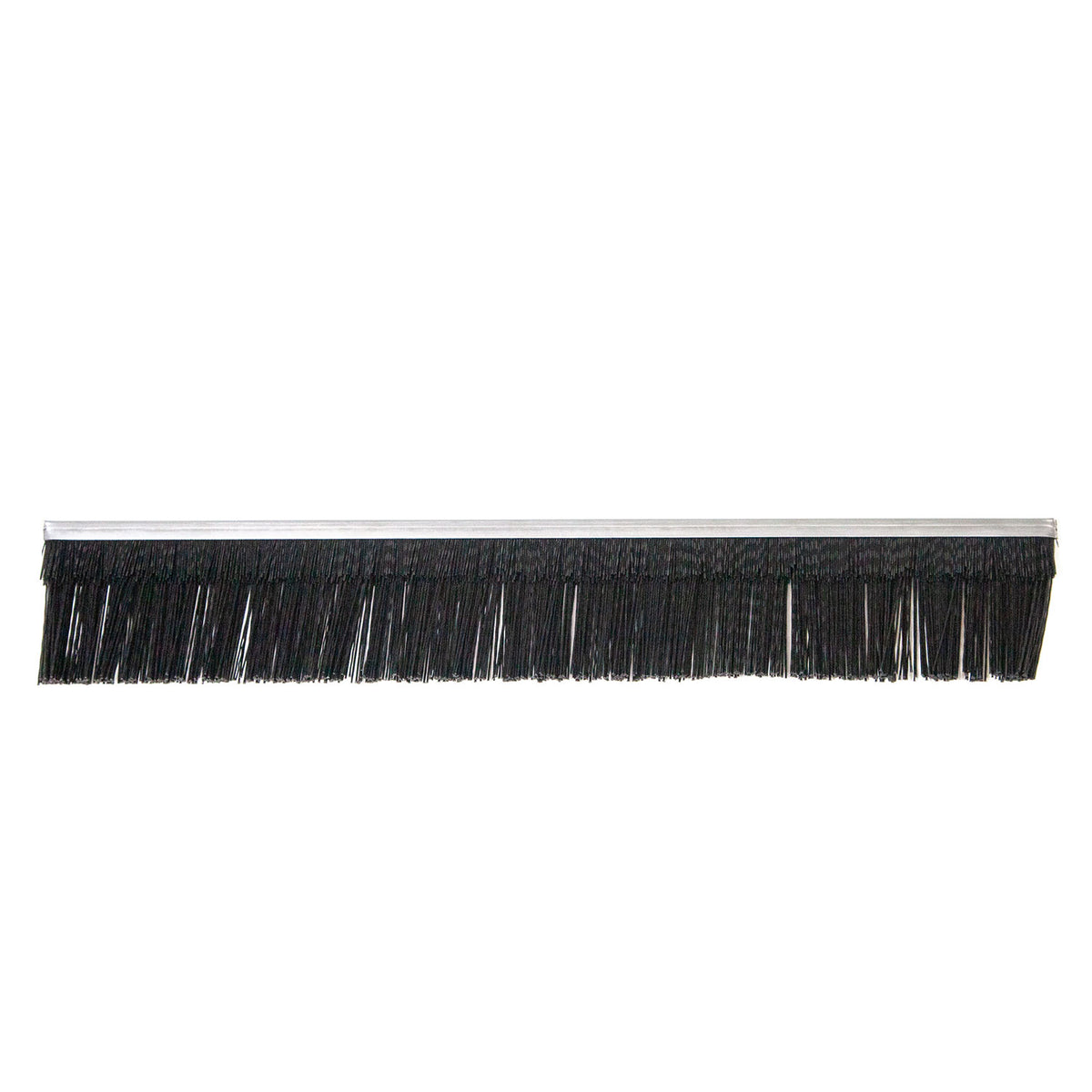 The R-2205 by Brinly Parts is a sleek, long black brush with uniform bristles perfectly aligned beneath a metal strip, set horizontally against a pristine white background, exuding simplicity and precision.